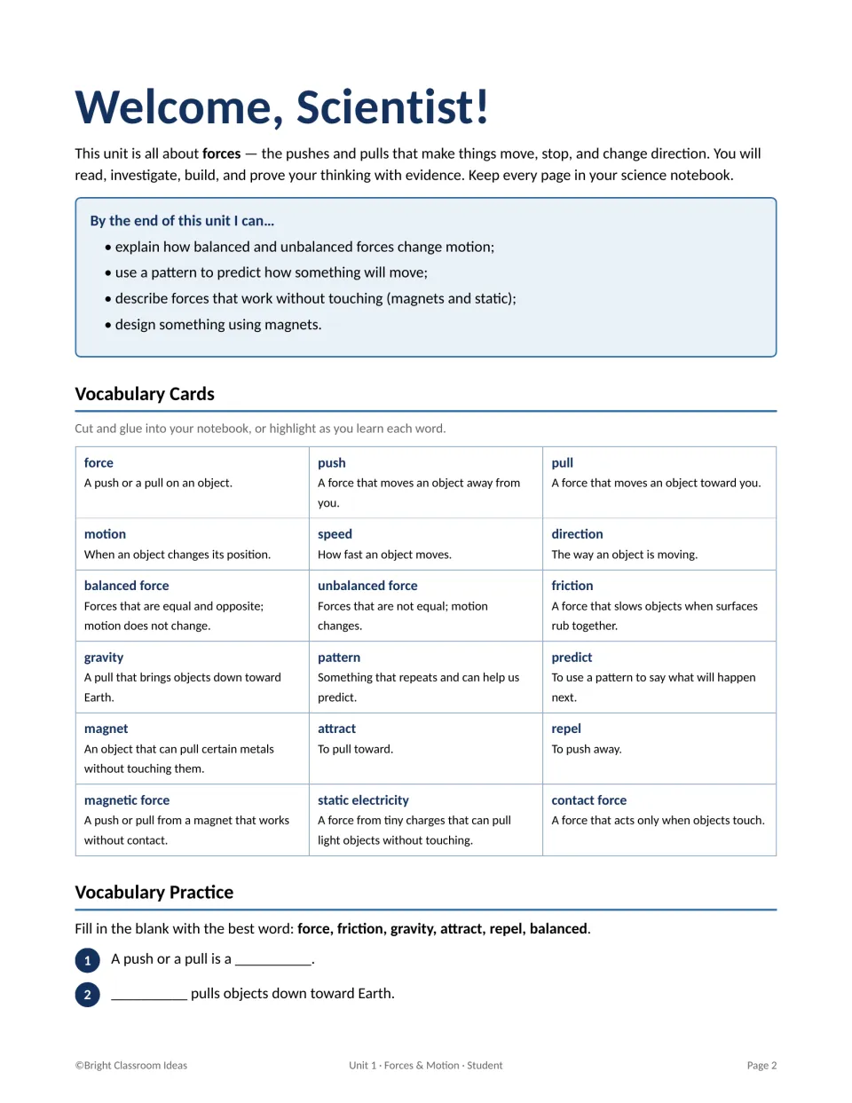 Forces and motion vocabulary cards for force, friction, gravity and magnets, plus fill-in-the-blank practice items 1-2