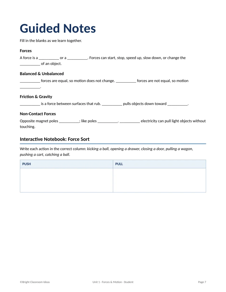 Guided notes with fill-in-the-blank sentences on forces, friction and magnets, plus a push or pull sort of six actions