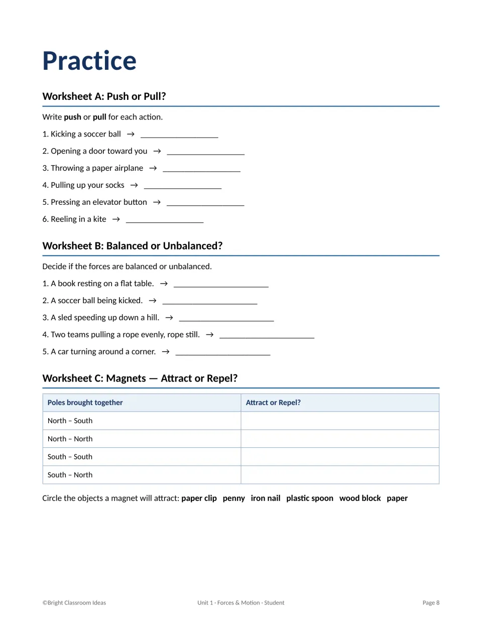 Practice worksheets A-C: labeling actions push or pull, forces balanced or unbalanced, and magnet poles attract or repel