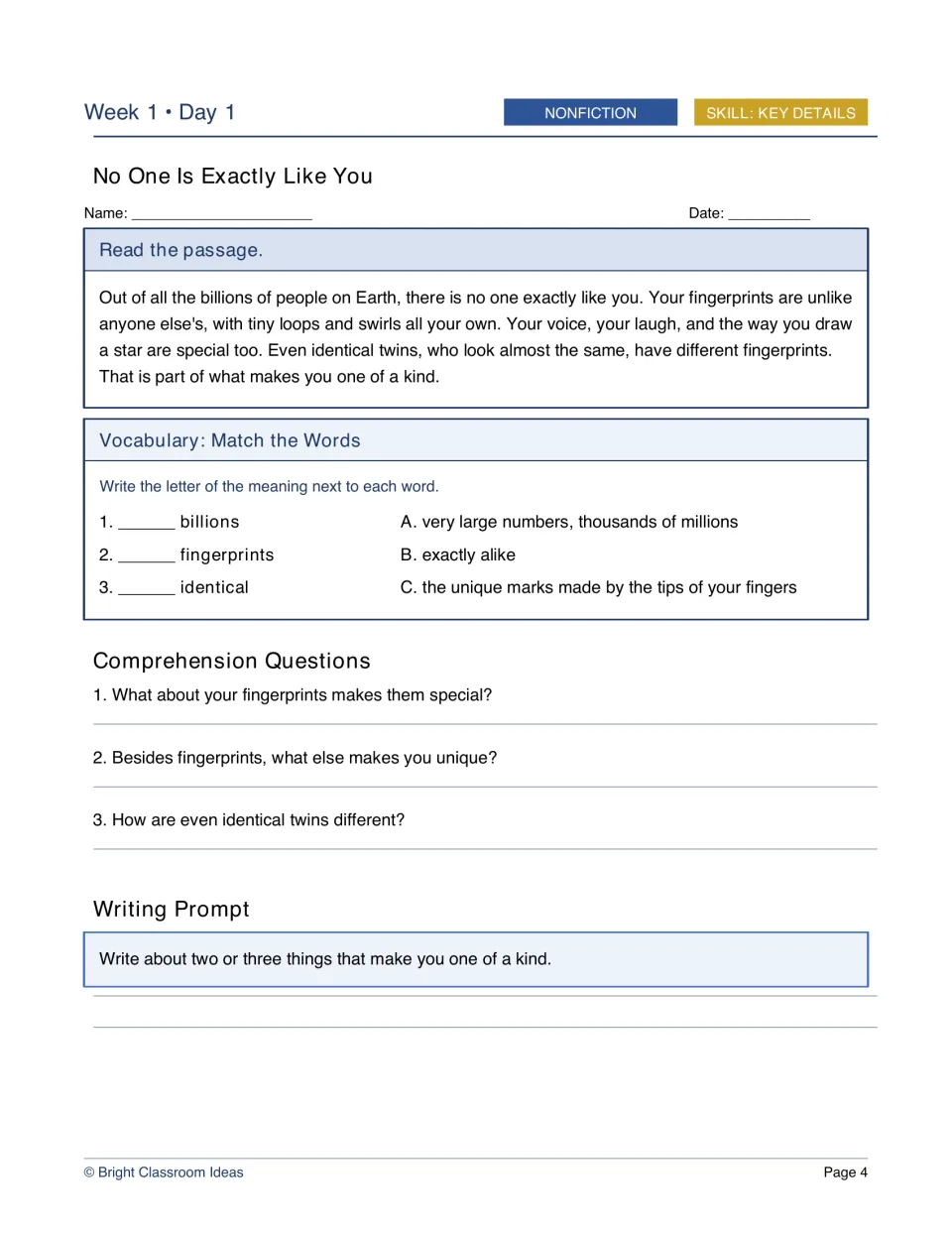 Week 1, Day 1 nonfiction worksheet: No One Is Exactly Like You, with fingerprint details and vocabulary