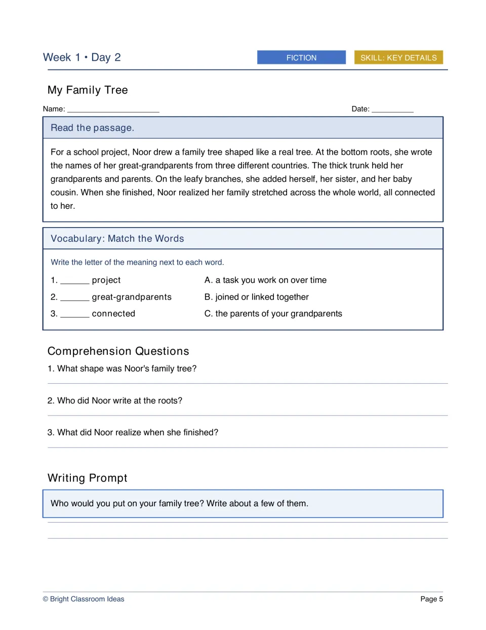 Week 1, Day 2 fiction worksheet: My Family Tree, about Noor's relatives, with questions and a writing prompt