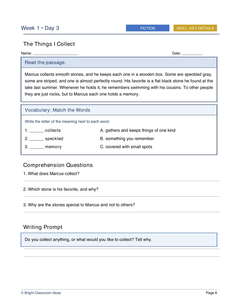Week 1, Day 3 fiction worksheet: The Things I Collect, about Marcus's stones and the memories they hold