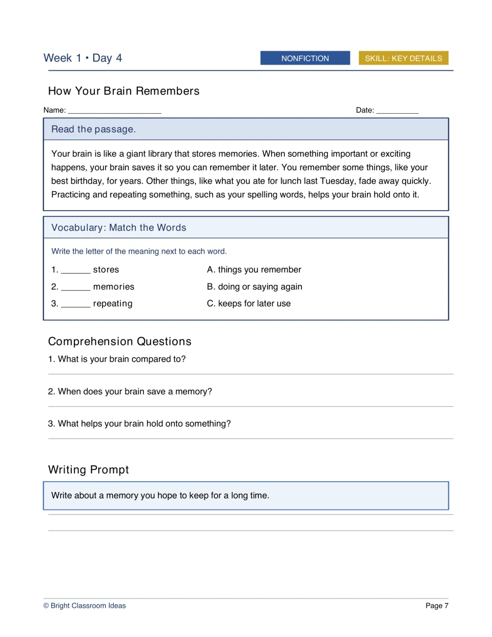 Week 1, Day 4 nonfiction worksheet: How Your Brain Remembers, with memory vocabulary and questions