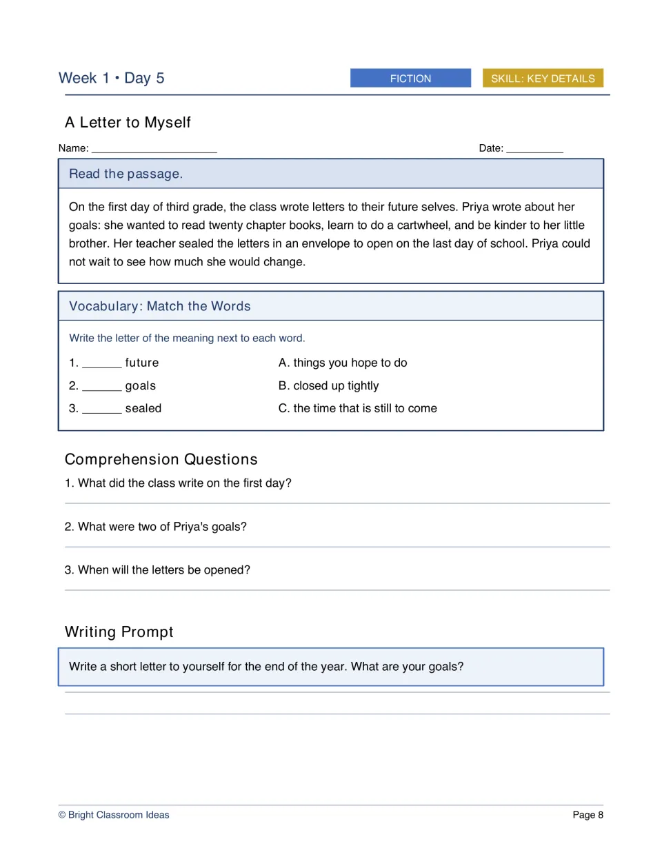 Week 1, Day 5 fiction worksheet: A Letter to Myself, about Priya's goals, with a letter-writing prompt