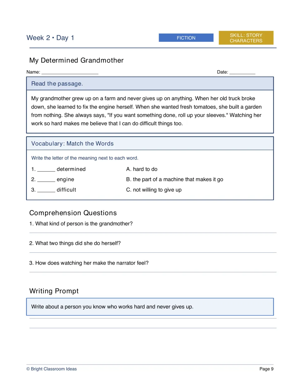Week 2, Day 1 fiction worksheet: My Determined Grandmother, with questions about her character and actions