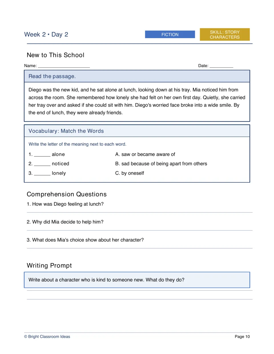 Week 2, Day 2 fiction worksheet: New to This School, with questions about Diego's feelings and Mia's kindness