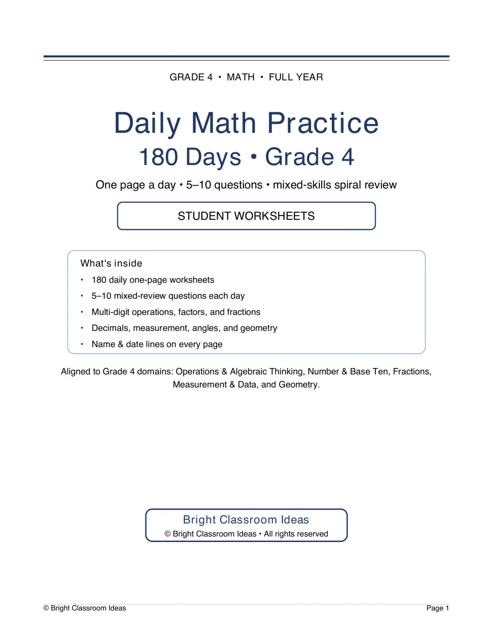 Daily Math Practice cover: 180 one-page spiral review sheets, 5–10 questions a day, on operations, fractions and geometry