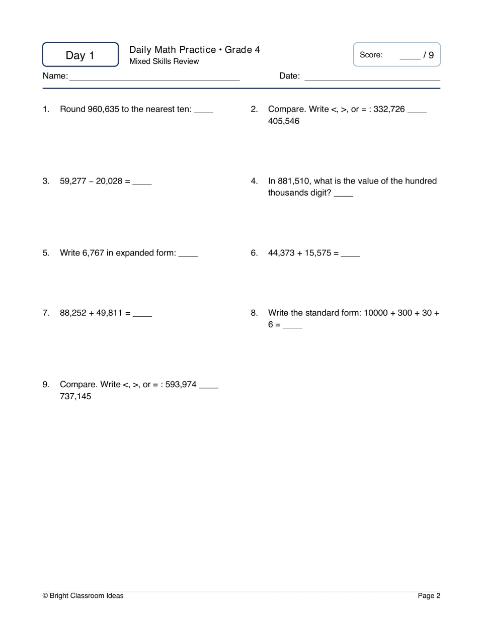 Day 1 mixed review: 9 items rounding to the nearest ten, comparing with <, >, =, adding, subtracting and expanded form