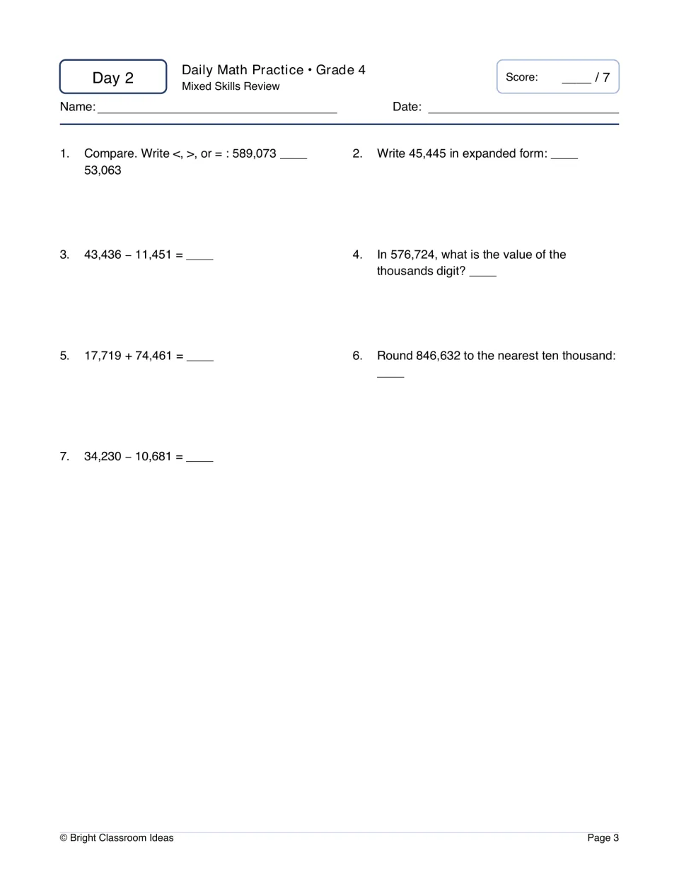 Day 2 mixed review: 7 items comparing 589,073 and 53,063, writing 45,445 in expanded form, place value and rounding