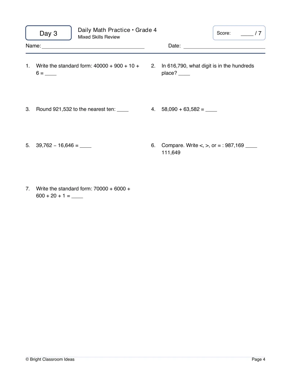 Day 3 mixed review: 7 items on standard form, hundreds-place digits, rounding 921,532, adding and subtracting