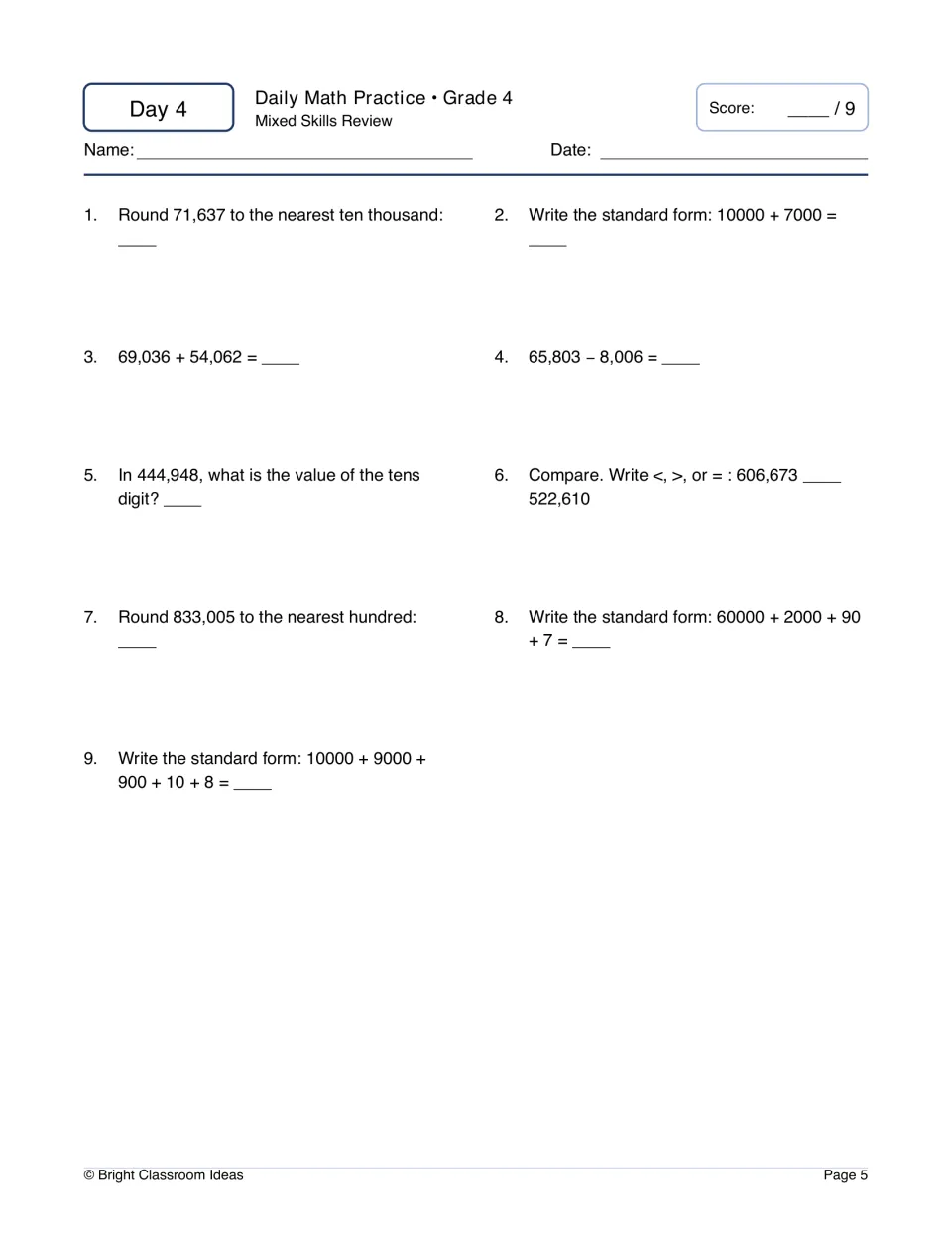 Day 4 mixed review: 9 items rounding 71,637 and 833,005, writing standard form, tens-digit value, comparing and adding