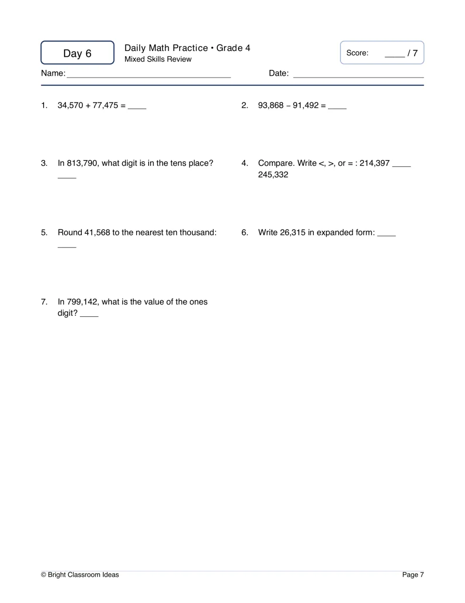 Day 6 mixed review: 7 items adding 34,570 + 77,475, subtracting, tens-place digit, rounding 41,568 and expanded form