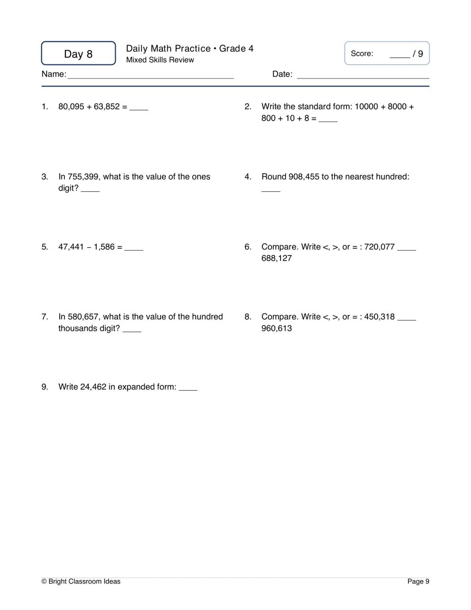 Day 8 mixed review: 9 items adding 80,095 + 63,852, ones and hundred thousands digit values, rounding, comparing