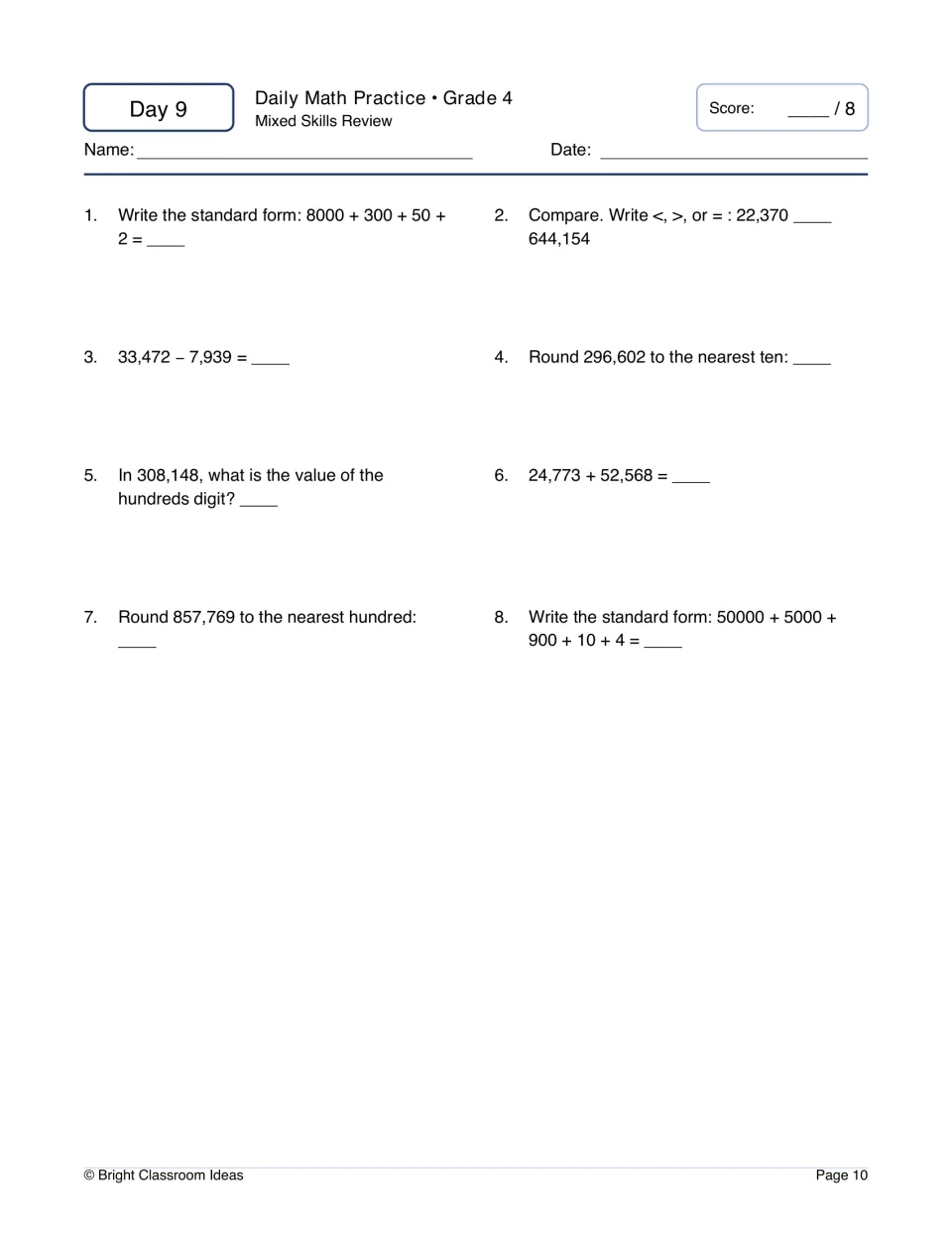 Day 9 mixed review: 8 items writing standard form, comparing 22,370 and 644,154, rounding 296,602 and 857,769, adding