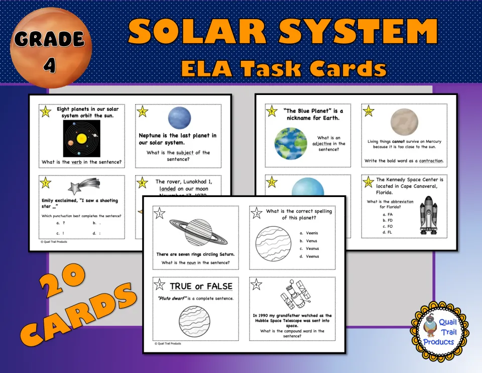 Cover of Grade 4 ELA Solar System Task Cards, showing sample color and black-and-white cards from the 20-card set