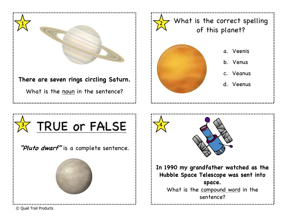Color task cards 1–4: Saturn noun identification, Venus spelling, a Pluto sentence fragment, and a compound word