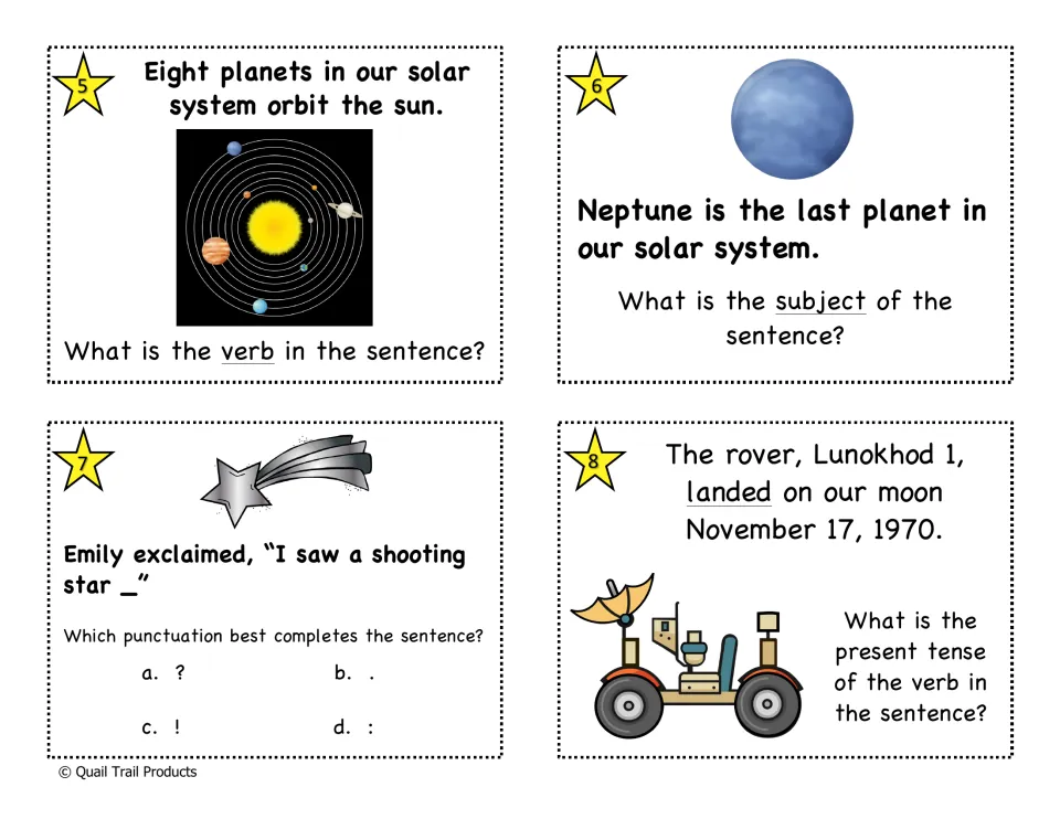 Color task cards 5–8: identify a verb and subject, punctuate a shooting star sentence, and change verb tense