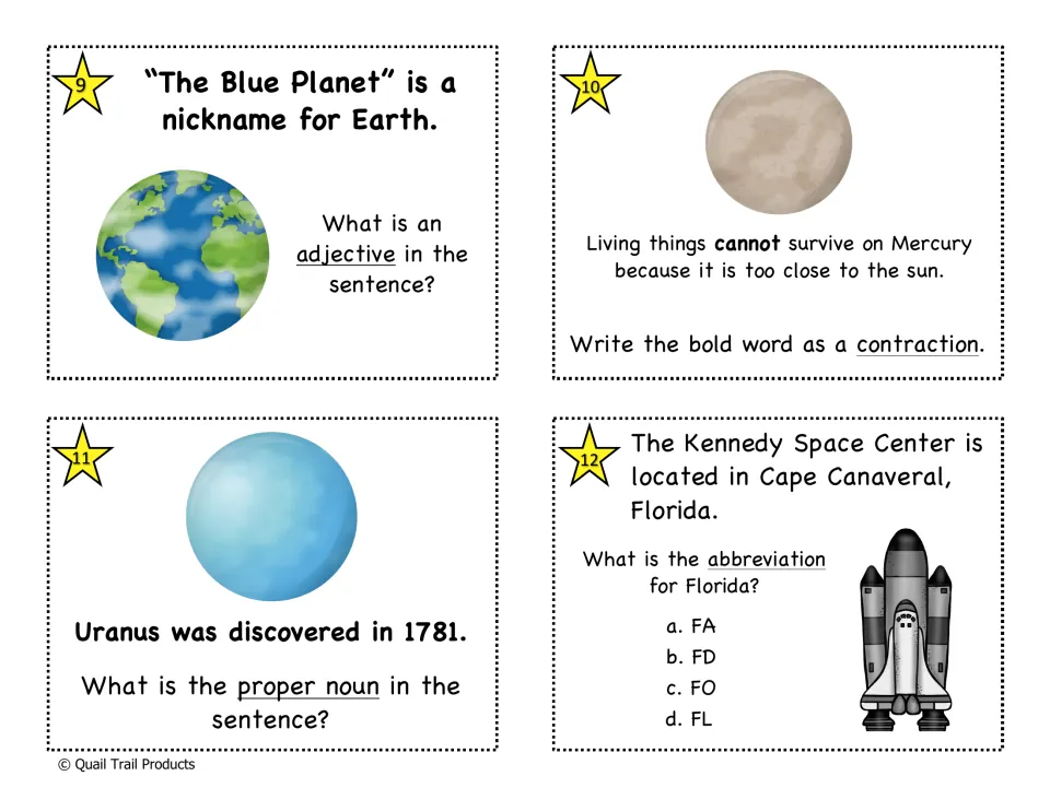 Color task cards 9–12: an Earth adjective, a contraction for cannot, a Uranus proper noun, and Florida abbreviation