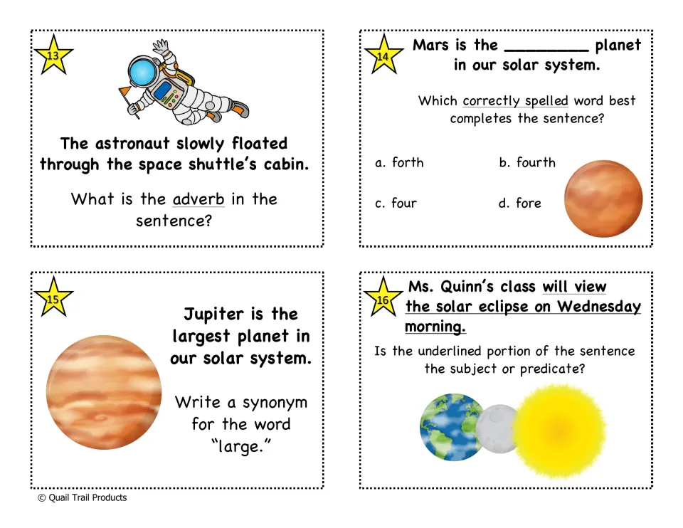 Color task cards 13–16: an astronaut adverb, spelling fourth, a synonym for large, and subject or predicate
