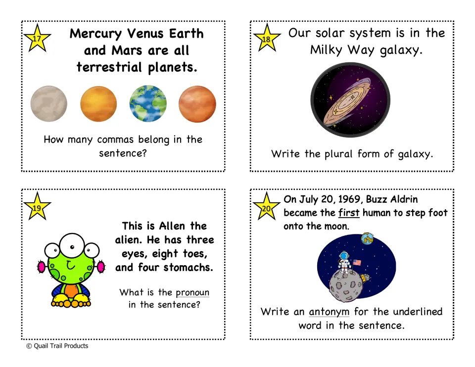 Color task cards 17–20: commas in a planet list, the plural of galaxy, an alien pronoun, and an antonym for first