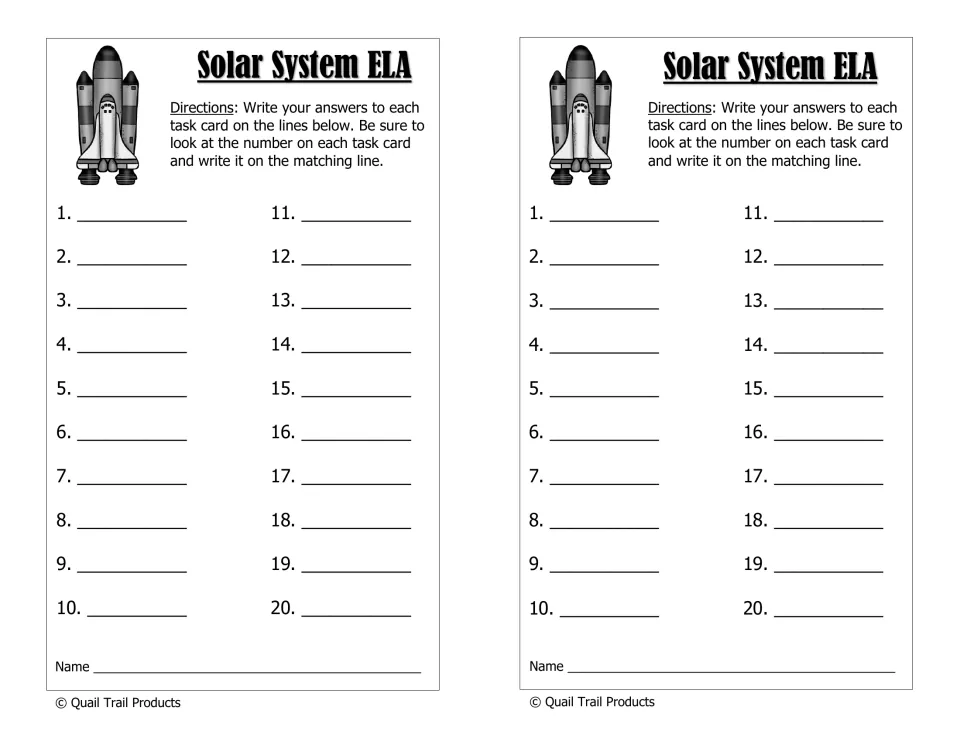 Solar system ELA recording sheet printed twice, with spaces for answers to task cards 1–20 and student names