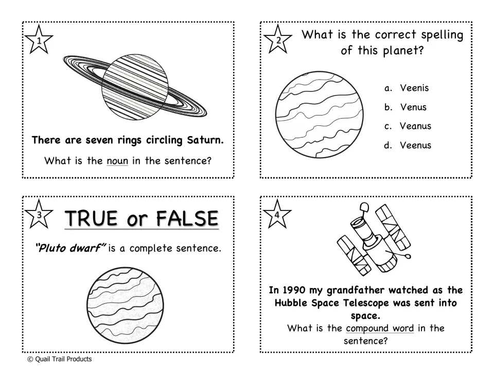 Black-and-white task cards 1–4: Saturn nouns, Venus spelling, a Pluto sentence fragment, and a compound word