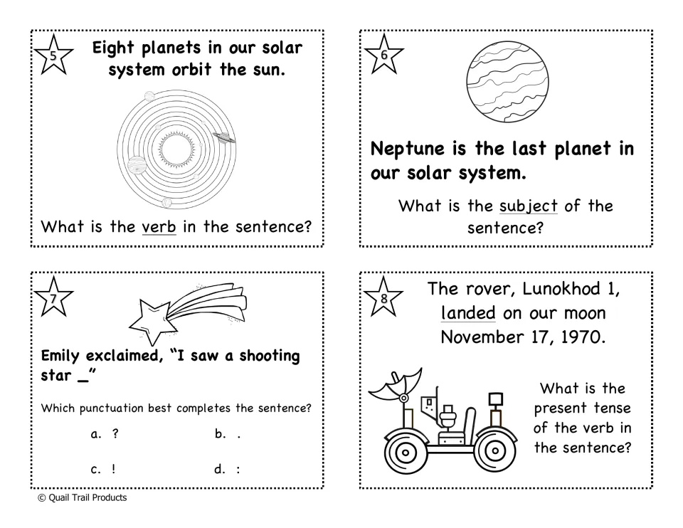 Black-and-white task cards 5–8: a verb, Neptune as a subject, shooting star punctuation, and present tense