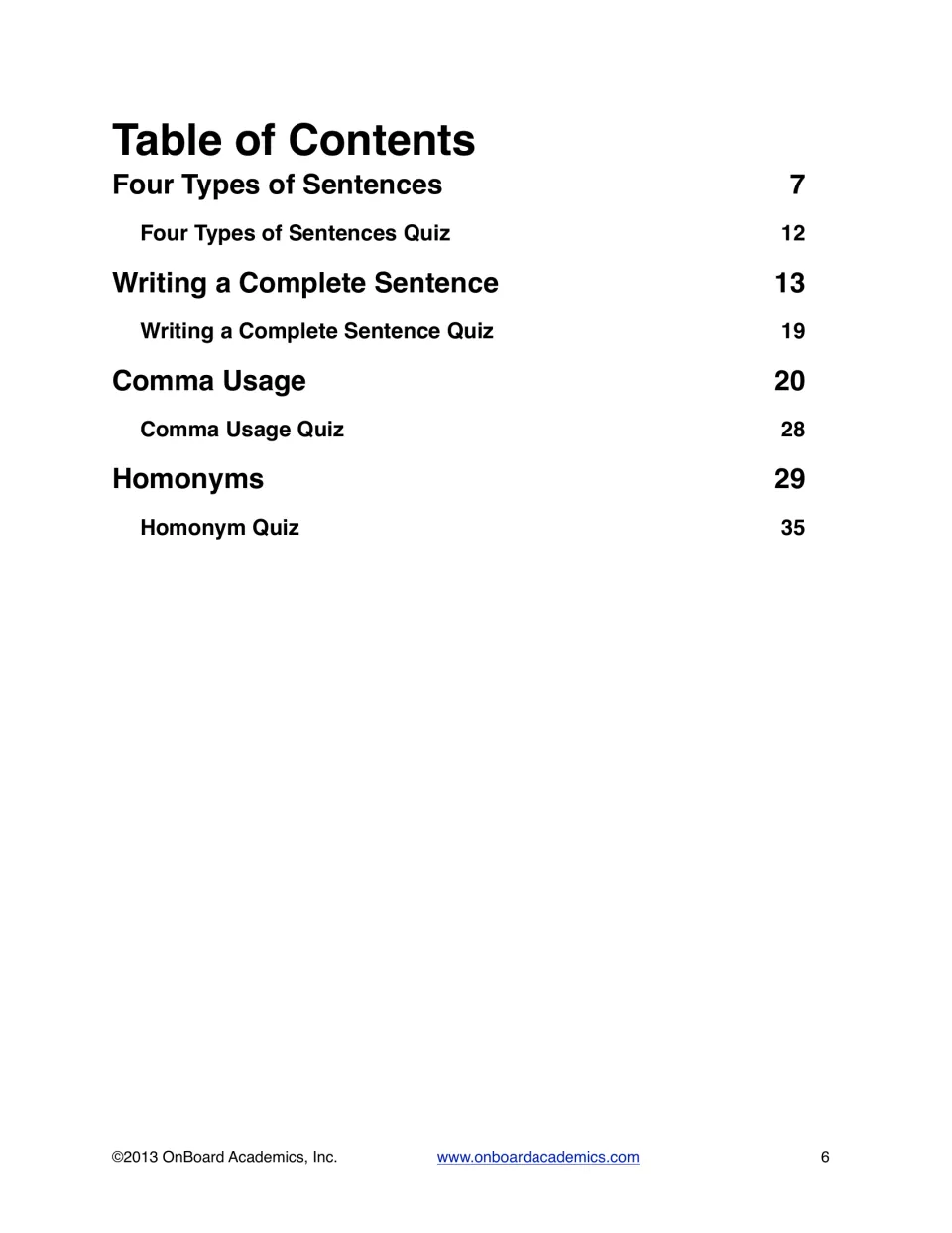 Workbook contents listing four grammar sections and their quizzes, from sentence types through homonyms