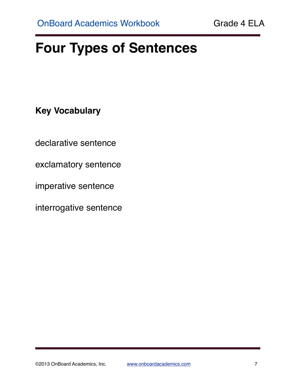 Sentence types vocabulary page introducing declarative, exclamatory, imperative, and interrogative sentences
