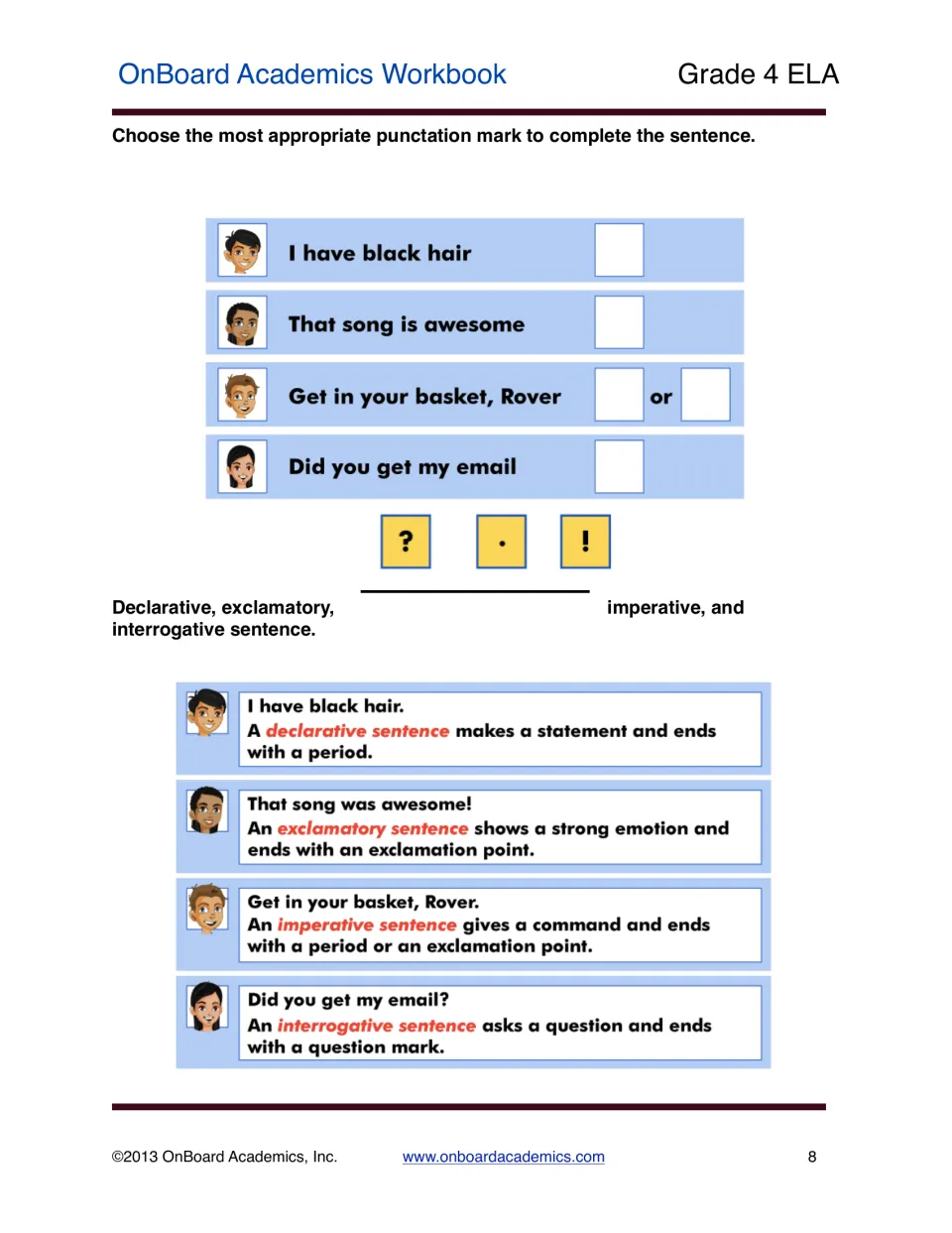 Sentence types lesson asking students to choose end punctuation for four sentences, followed by definitions