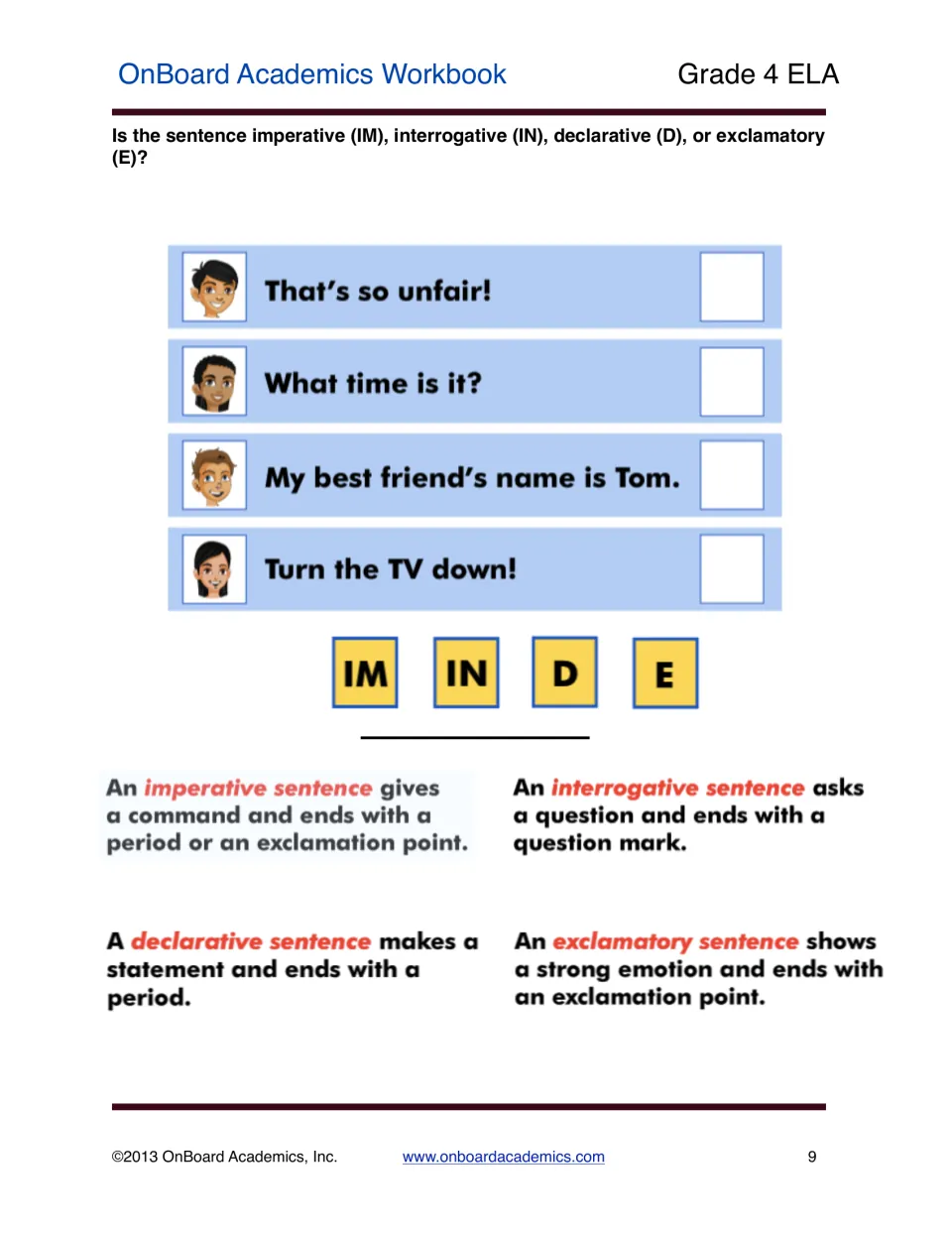 Sentence types practice classifying four examples, including 'What time is it?' and 'Turn the TV down!'