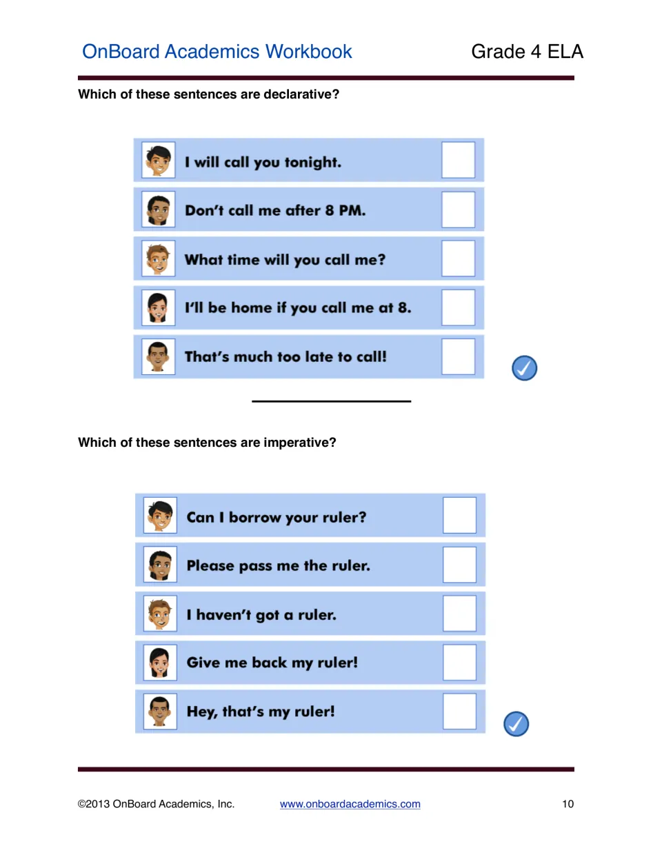 Sentence types practice identifying declarative sentences about phone calls and imperative ones about rulers