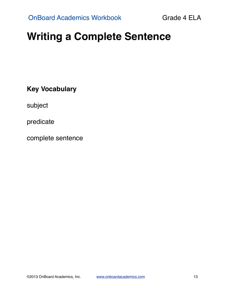 Complete sentence section vocabulary page introducing the terms subject, predicate, and complete sentence