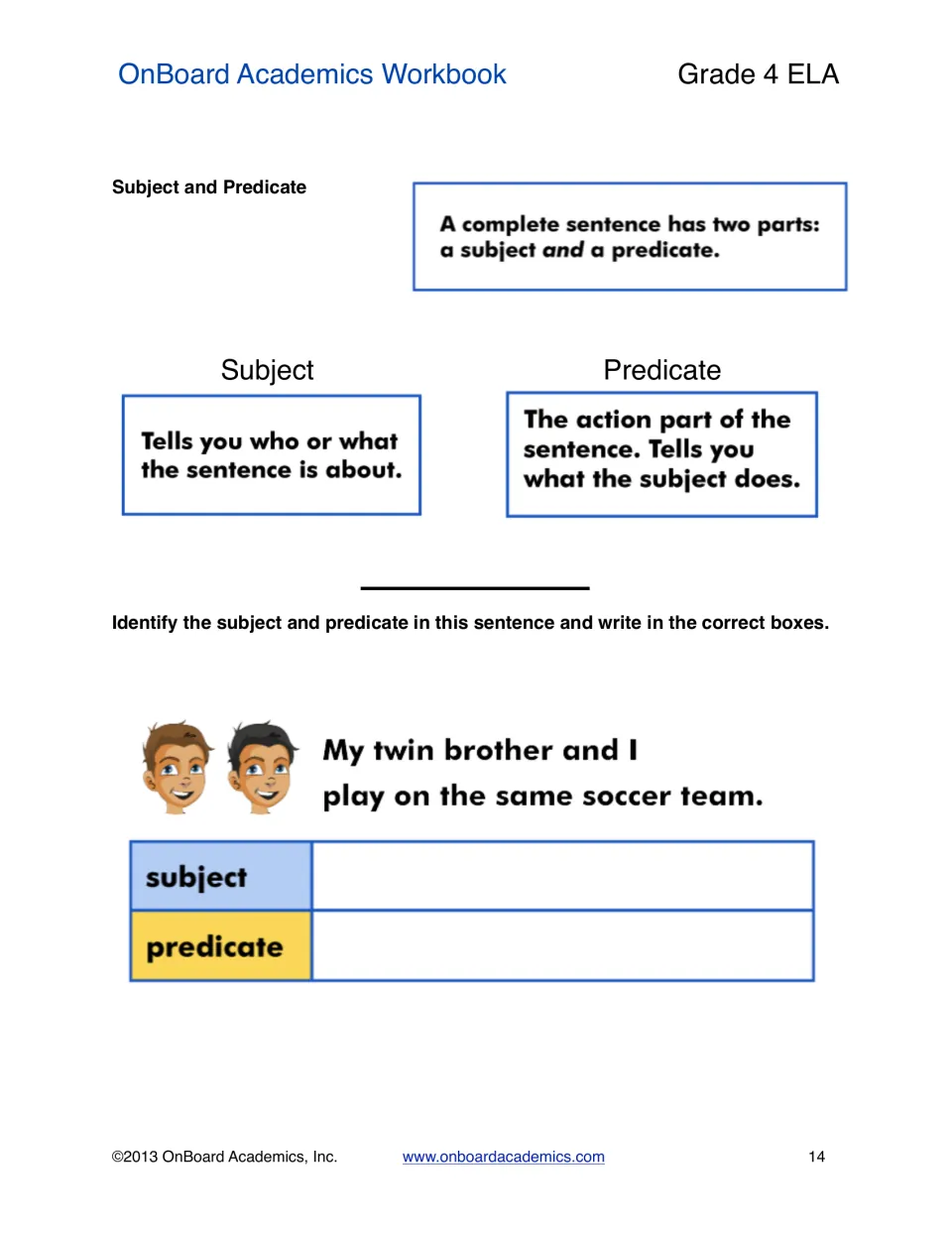 Subject and predicate lesson asking students to separate 'My twin brother and I play on the same soccer team.'