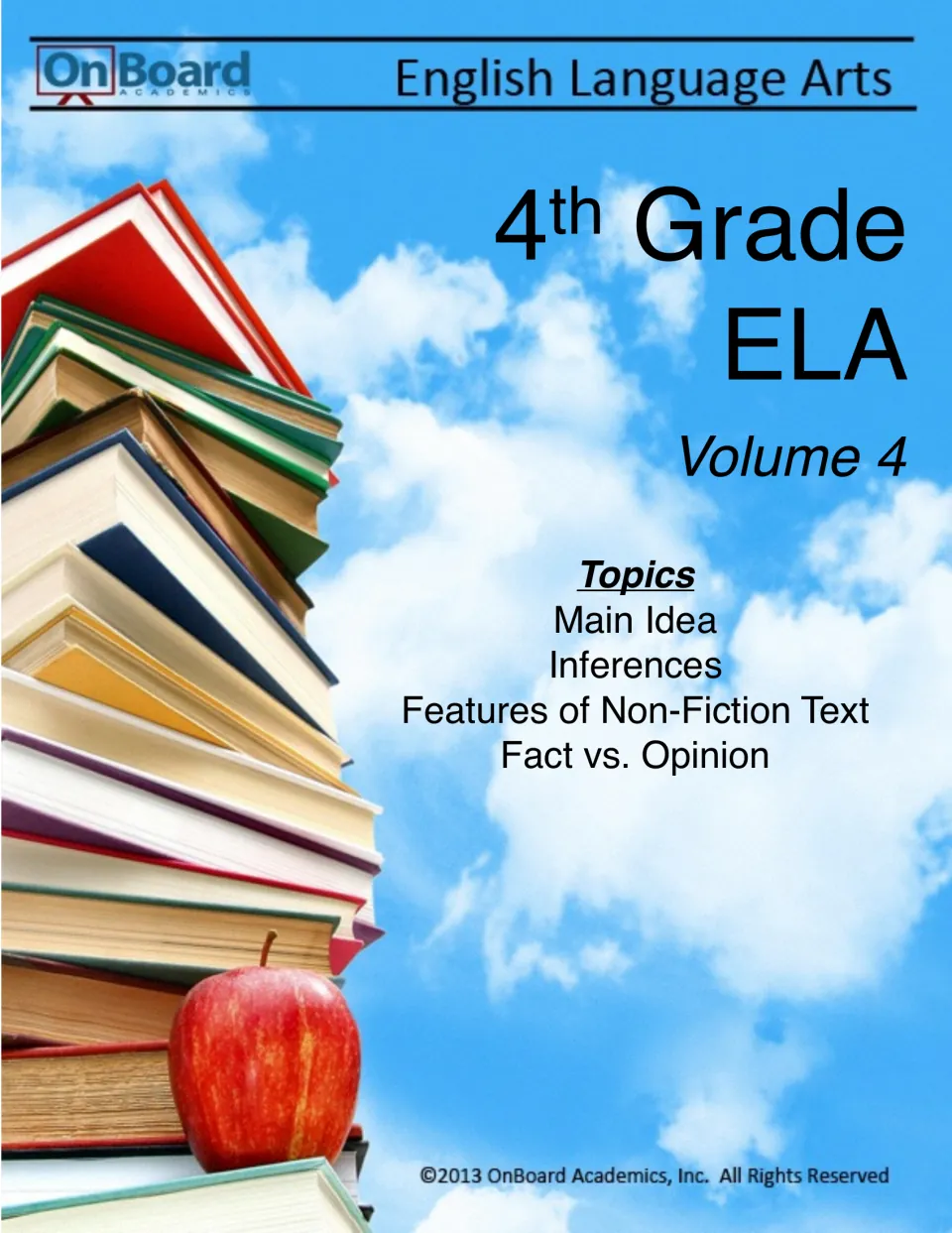 Grade 4 ELA Volume 4 cover lists main idea, inferences, nonfiction text features, and fact versus opinion.