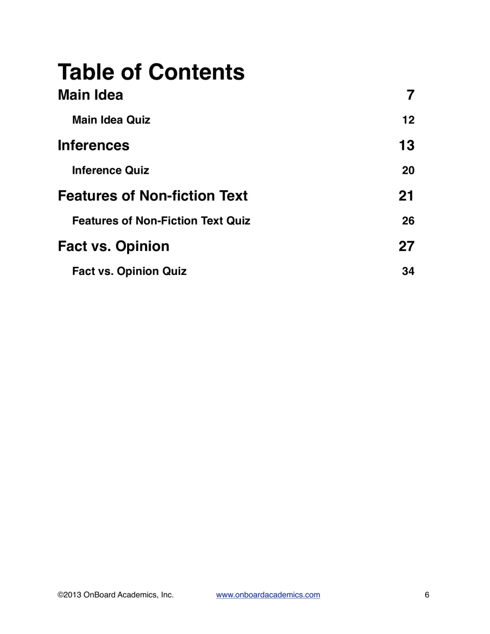 Workbook contents lists four reading skill sections and their quizzes, with starting pages from 7 to 34.