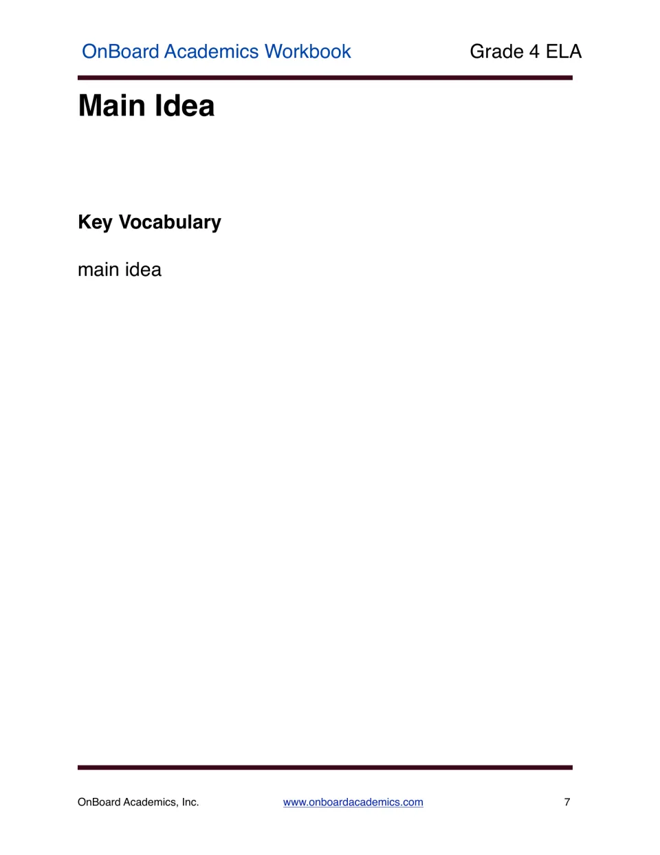 Main Idea section opener introduces the workbook's first reading skill and lists 'main idea' as key vocabulary.