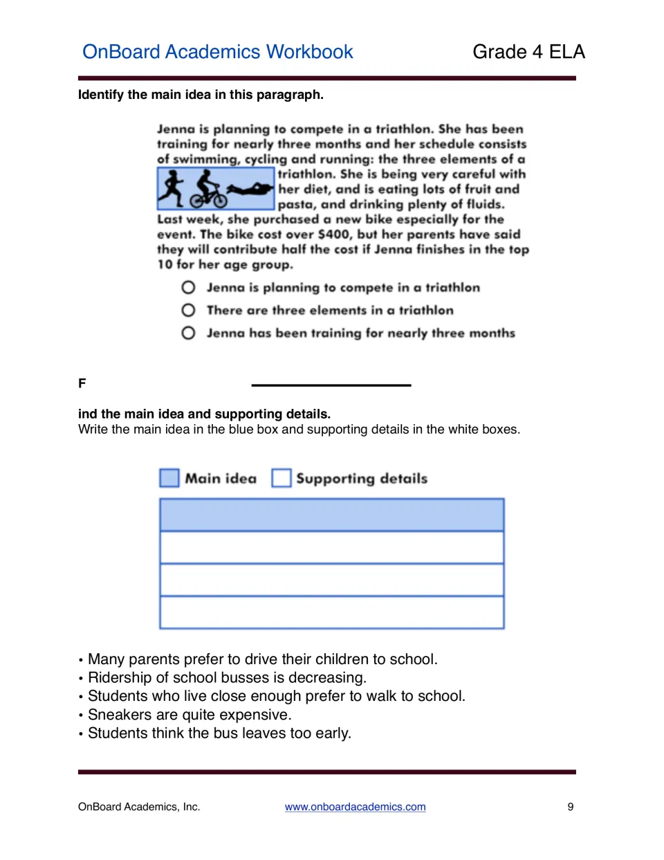 Main idea practice uses Jenna's triathlon plans and asks students to sort details about declining bus ridership.