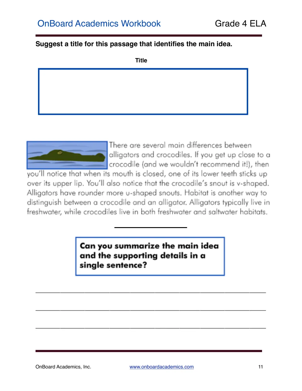 Main idea practice asks for a title and one-sentence summary of a passage comparing alligators and crocodiles.