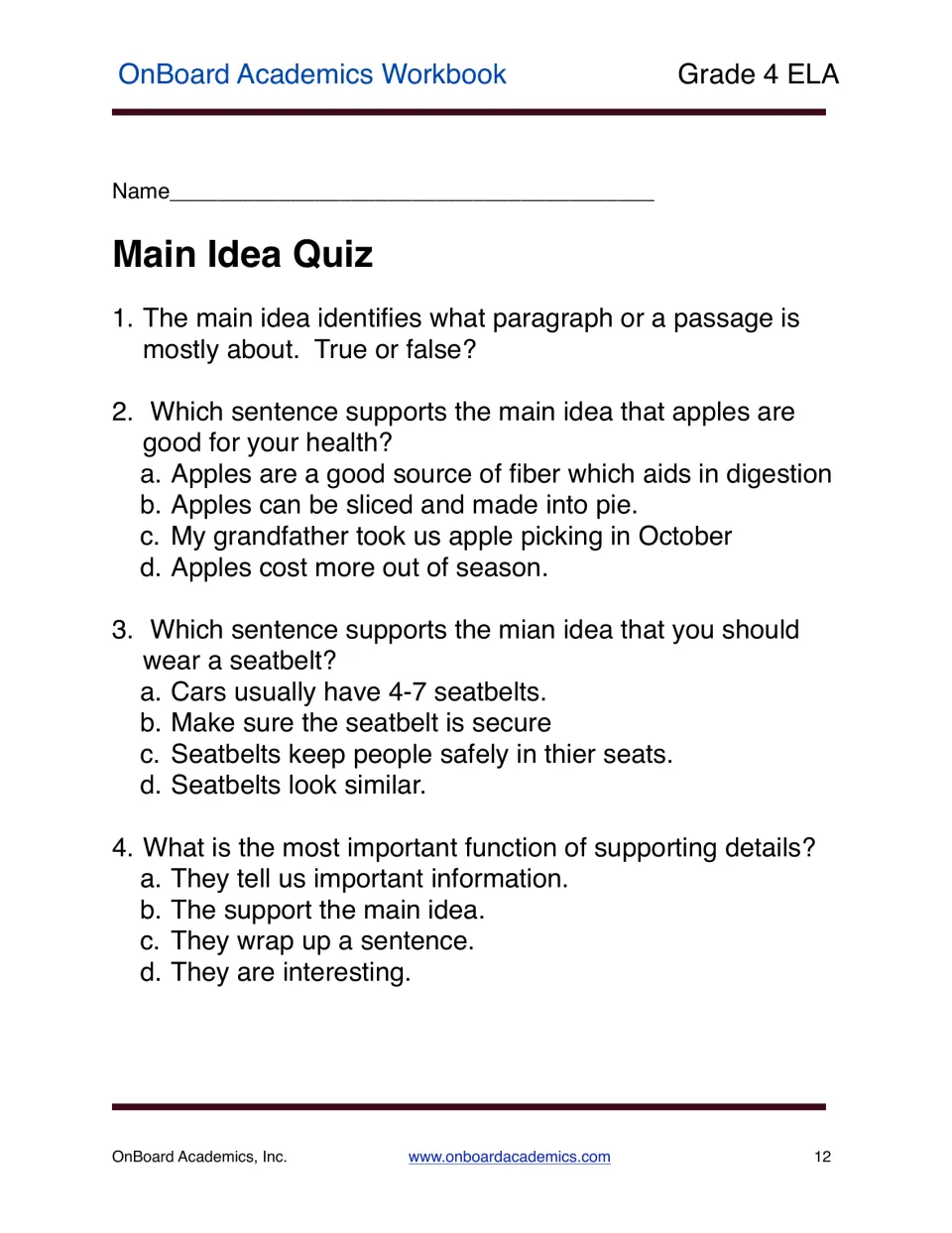 Four-question main idea quiz checks the definition and supporting details, using apple and seatbelt examples.