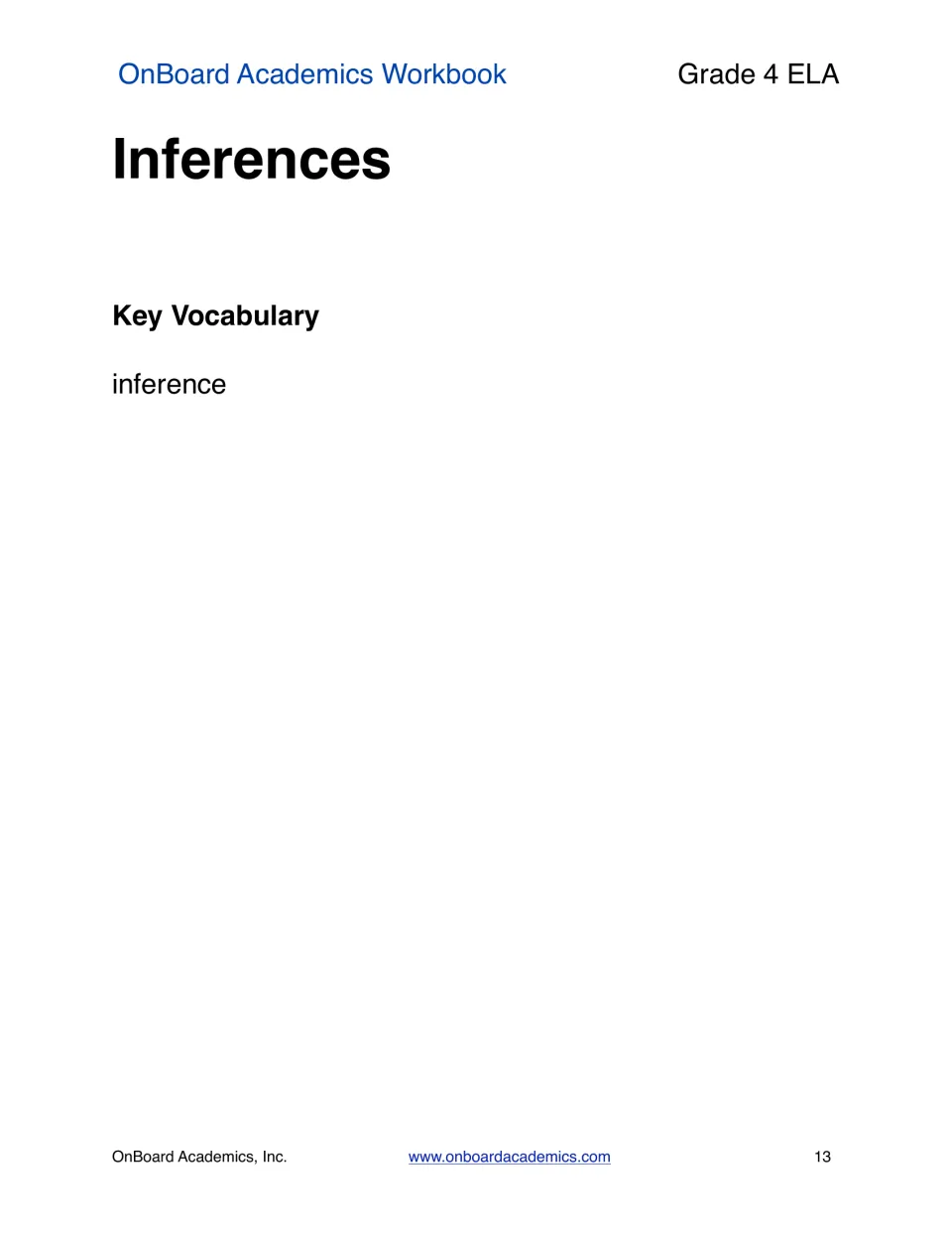 Inferences section opener introduces the workbook's next reading skill and lists 'inference' as key vocabulary.