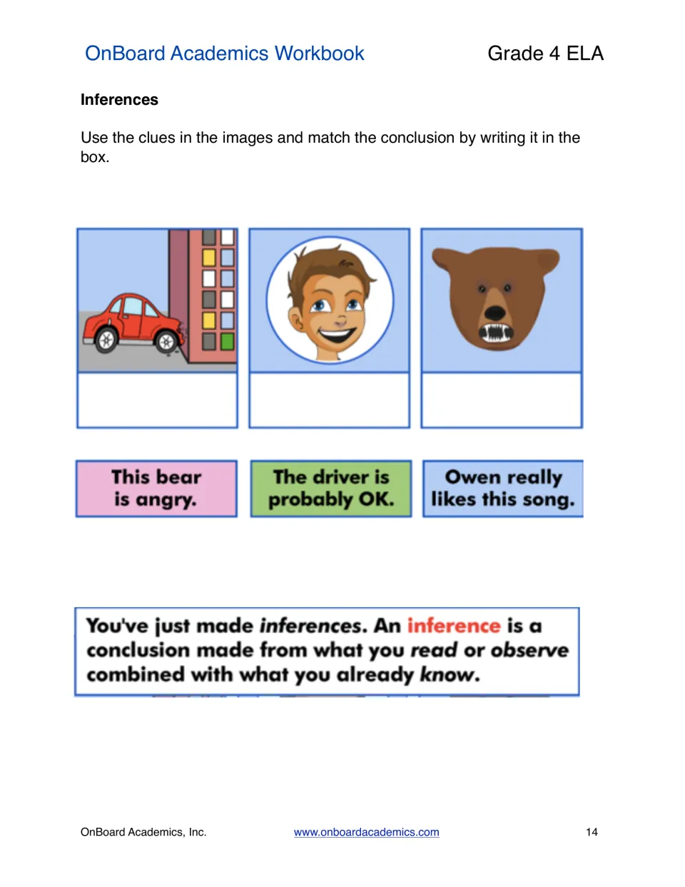 Inference lesson matches conclusions to a car crash, a smiling boy, and a bear baring its teeth, then defines inference.