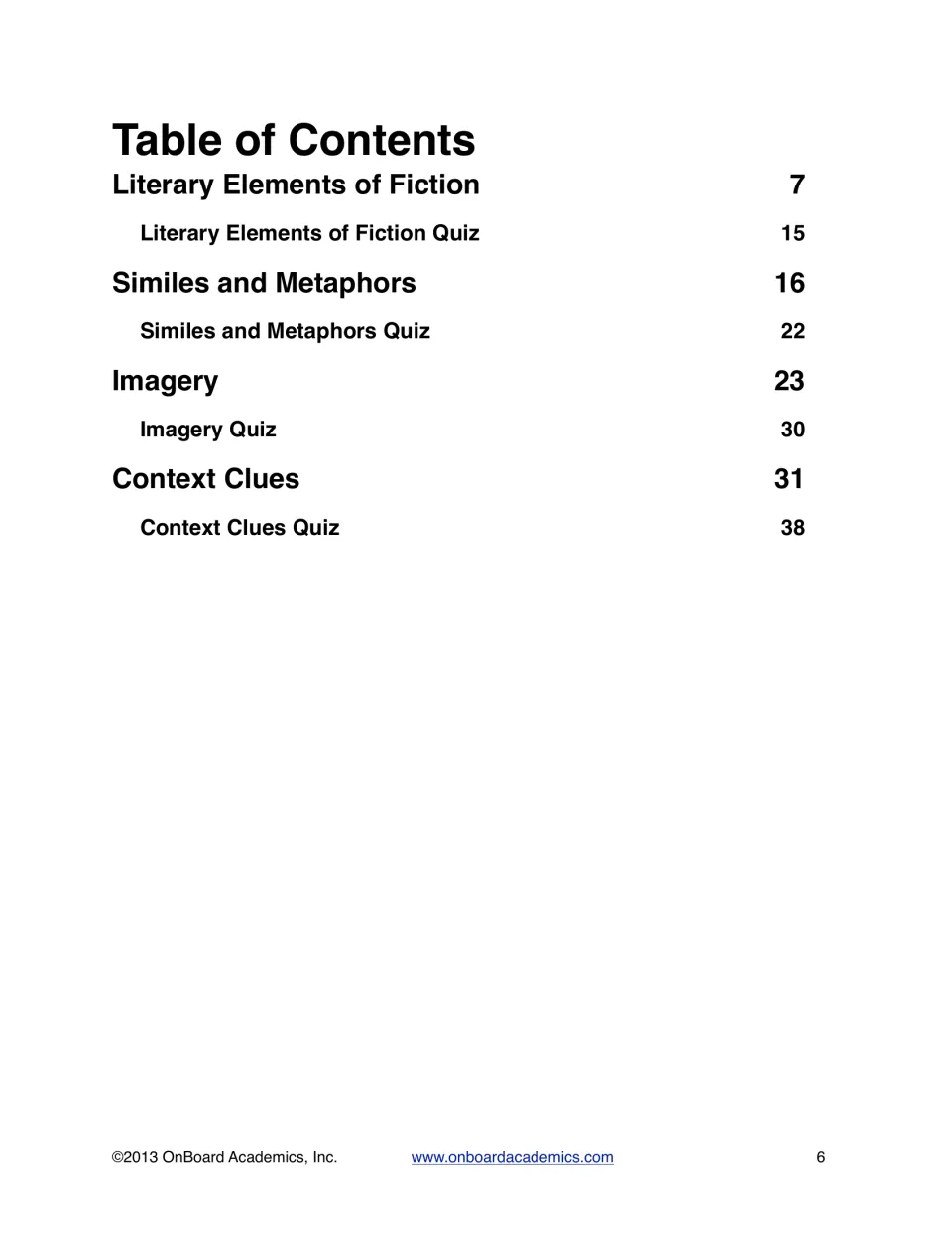 Workbook contents lists four topic sections, each followed by a quiz, from literary elements to context clues