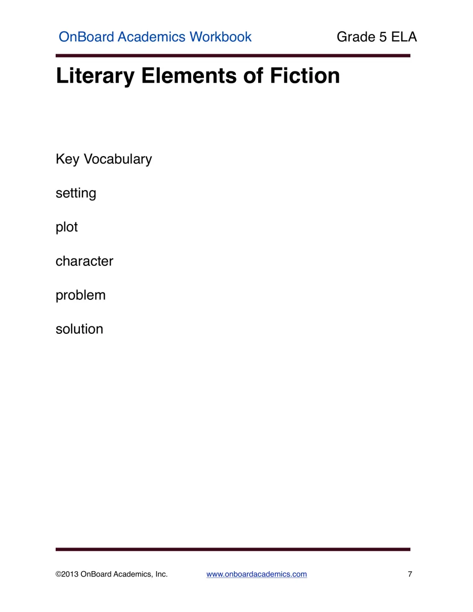 Literary Elements of Fiction vocabulary page introduces setting, plot, character, problem, and solution