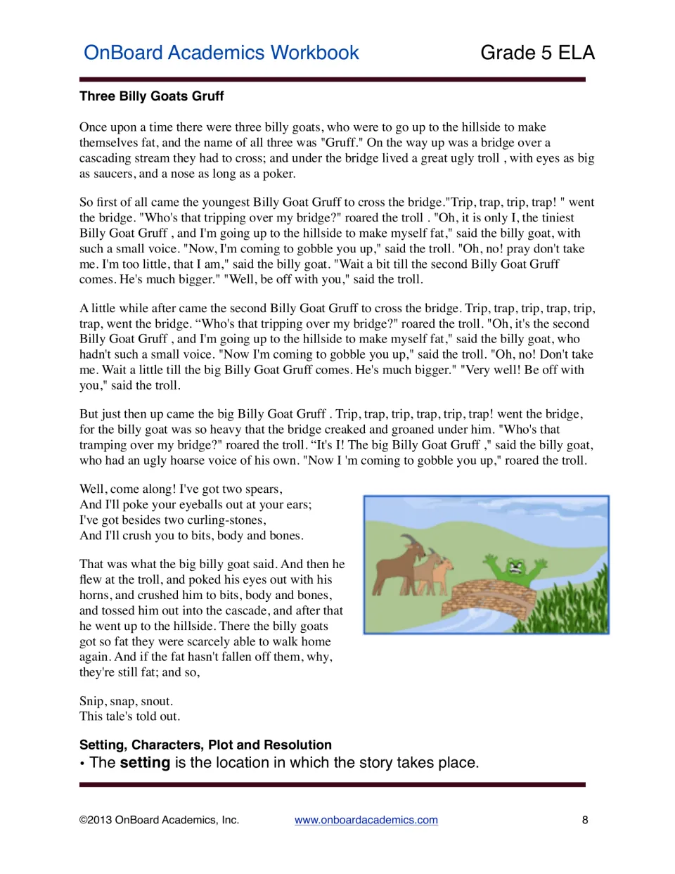 Three Billy Goats Gruff reading introduces the fiction lesson and defines setting as the story's location