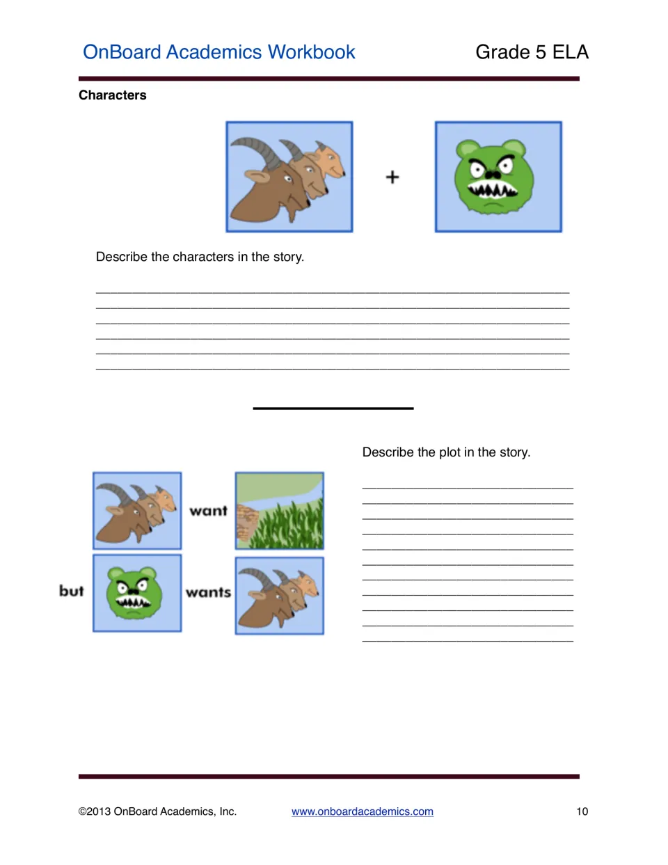 Three Billy Goats Gruff practice asks students to describe the characters and plot using story illustrations