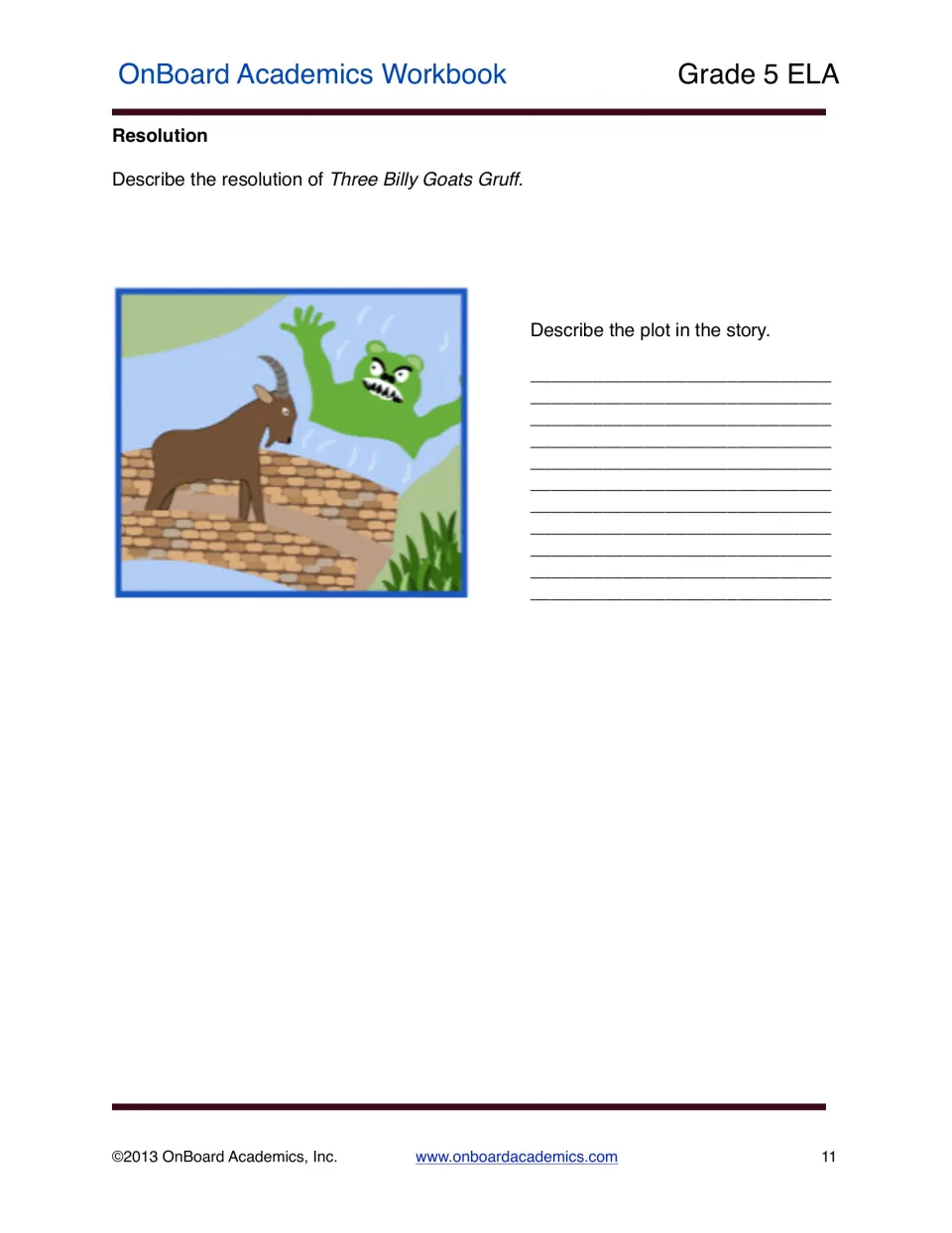 Three Billy Goats Gruff resolution practice shows the goat defeating the troll and asks how the story ends