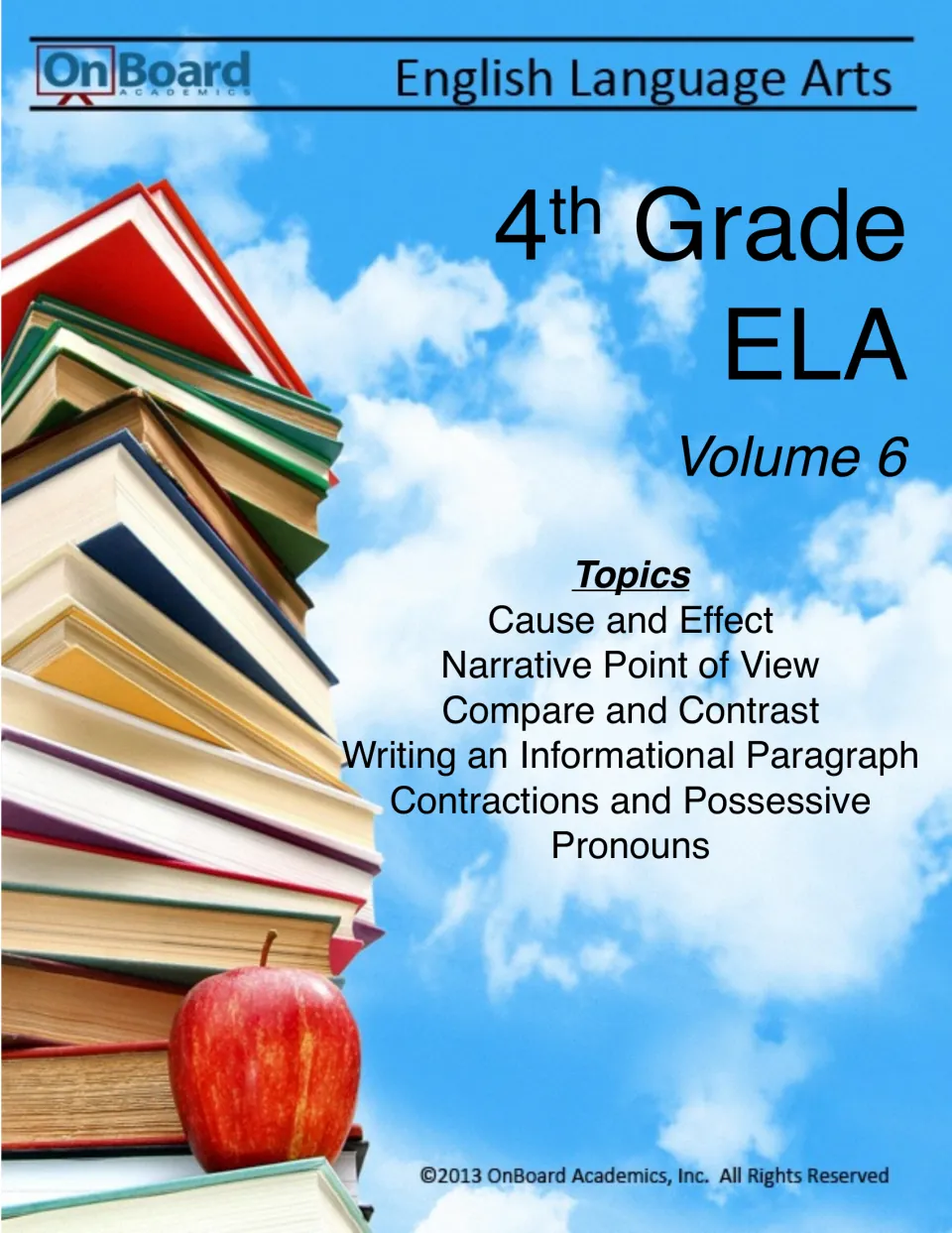 Grade 4 ELA Volume 6 cover listing cause and effect, narrative point of view, and three other language arts topics