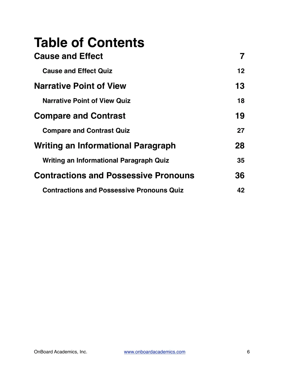 Workbook table of contents listing five topic sections and their quizzes, with page numbers from 7 to 42