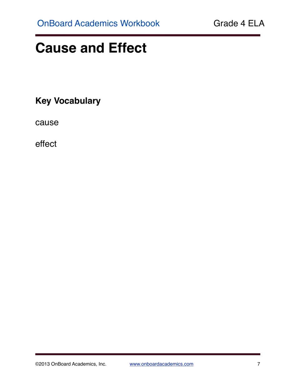 Cause and Effect section opener introducing the two key vocabulary words for the lesson: cause and effect